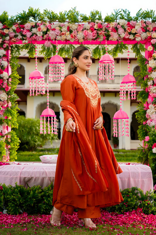 Fancy Rust Orange Embroidered Vichitra Silk Salwar Suit with Dupatta