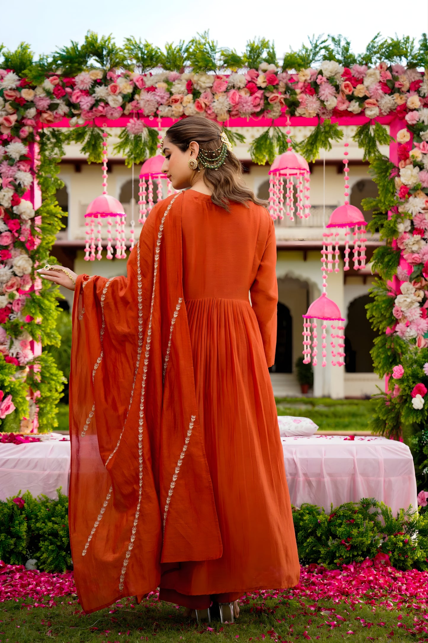 Fancy Rust Orange Embroidered Vichitra Silk Salwar Suit with Dupatta