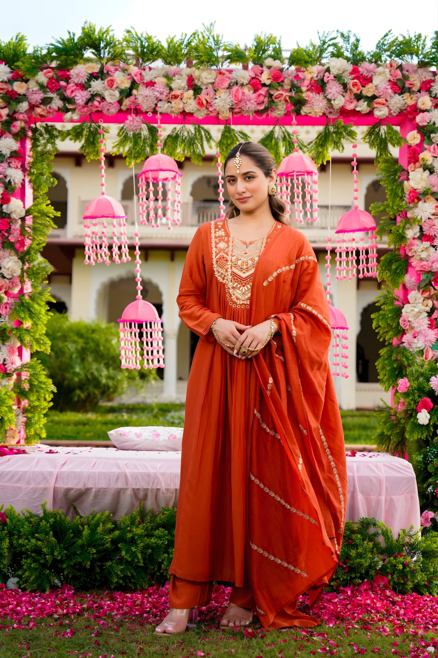 Fancy Rust Orange Embroidered Vichitra Silk Salwar Suit with Dupatta