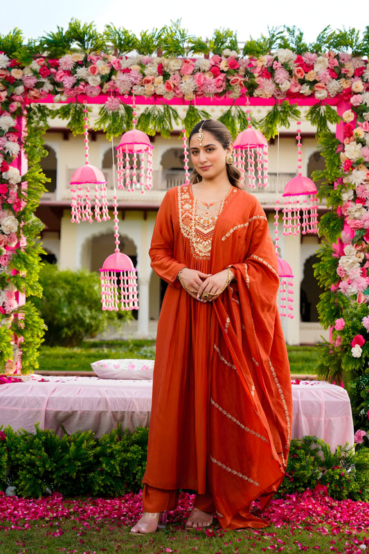 Fancy Rust Orange Embroidered Vichitra Silk Salwar Suit with Dupatta