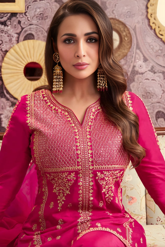 Wonderful Rani Pink Embroidered Chanderi Sharara Suit with Dupatta for Wedding