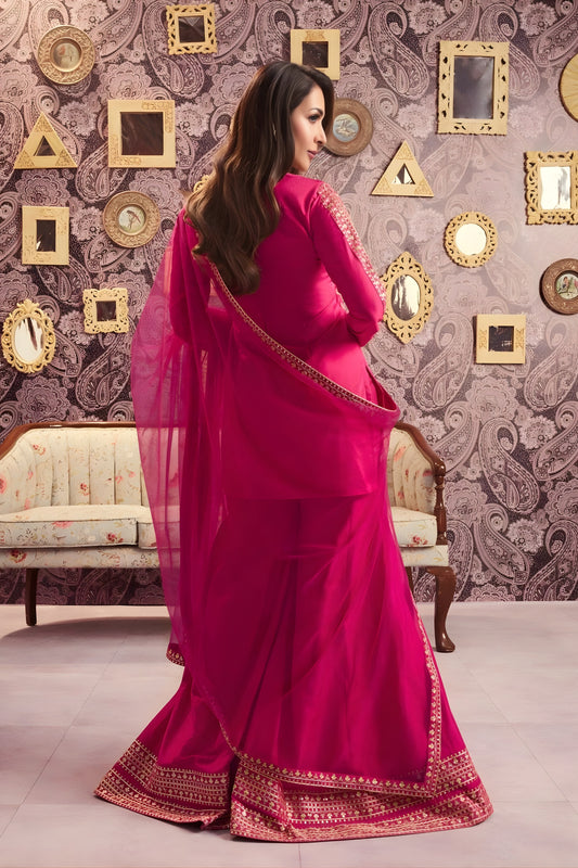 Wonderful Rani Pink Embroidered Chanderi Sharara Suit with Dupatta for Wedding