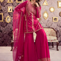 Wonderful Rani Pink Embroidered Chanderi Sharara Suit with Dupatta for Wedding
