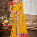 Mustard Yellow Silk Saree with Traditional Patola Contrast Red Pallu 