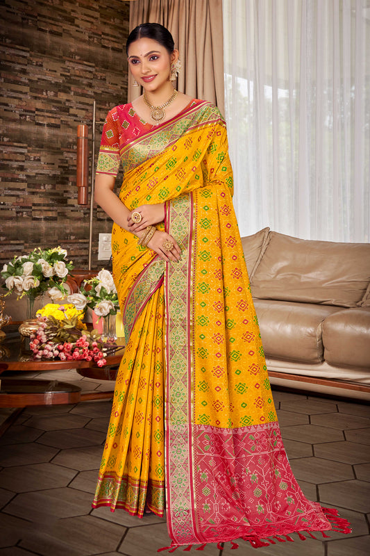 Mustard Yellow Silk Saree with Traditional Patola Contrast Red Pallu 