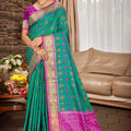Green Patola Silk Saree with Pink Contrast Pallu Woven Designer Saree