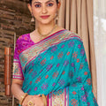 Teal Blue Patola Silk Saree Pink Contrast Pallu Traditional Woven Design