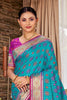 Teal Blue Patola Silk Saree Pink Contrast Pallu Traditional Woven Design