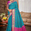 Teal Blue Patola Silk Saree Pink Contrast Pallu Traditional Woven Design 