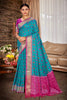 Teal Blue Patola Silk Saree Pink Contrast Pallu Traditional Woven Design 