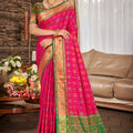 Pink Patola Silk Saree with Green Border Traditional Woven Design 