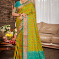 Olive Green Patola Silk Saree with Teal Border Traditional Woven Design