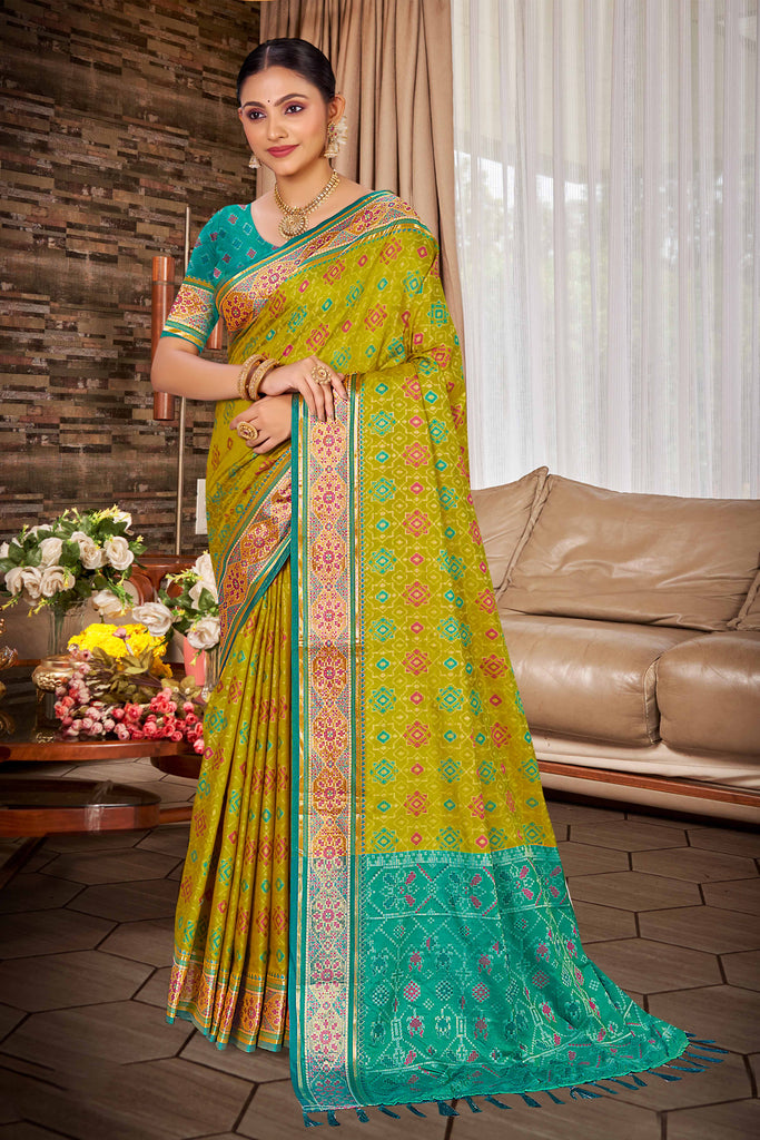 Olive Green Patola Silk Saree with Teal Border Traditional Woven Design