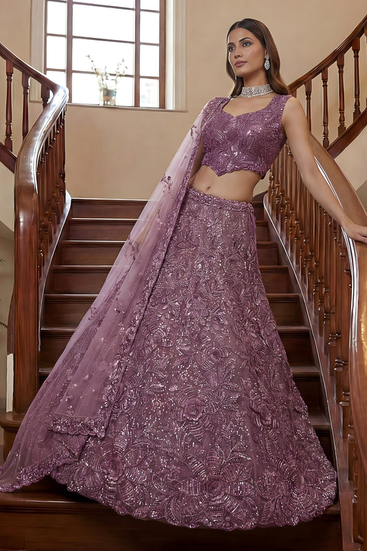 Superb Purple Embroidered Net Lehenga Choli Set with Net Dupatta