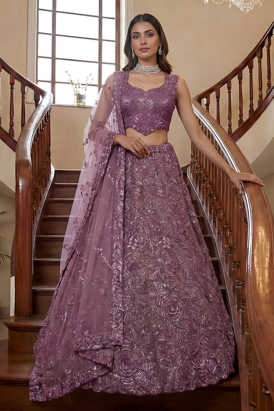 Superb Purple Embroidered Net Lehenga Choli Set with Net Dupatta