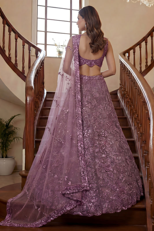 Superb Purple Embroidered Net Lehenga Choli Set with Net Dupatta