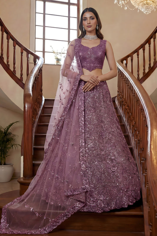 Superb Purple Embroidered Net Lehenga Choli Set with Net Dupatta
