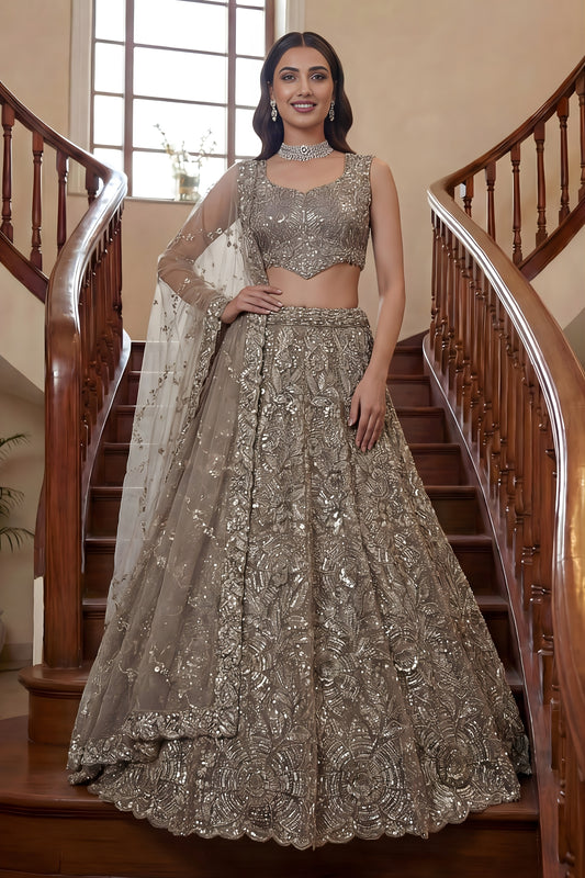 Glorious Beige Embroidered Net Lehenga Choli Set with Net Dupatta