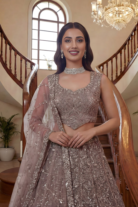 Glorious Beige Embroidered Net Lehenga Choli Set with Net Dupatta