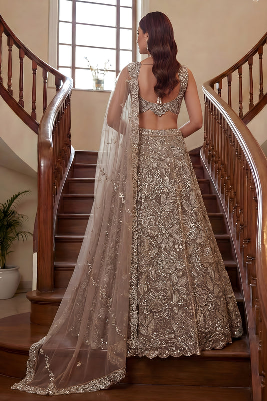 Glorious Beige Embroidered Net Lehenga Choli Set with Net Dupatta