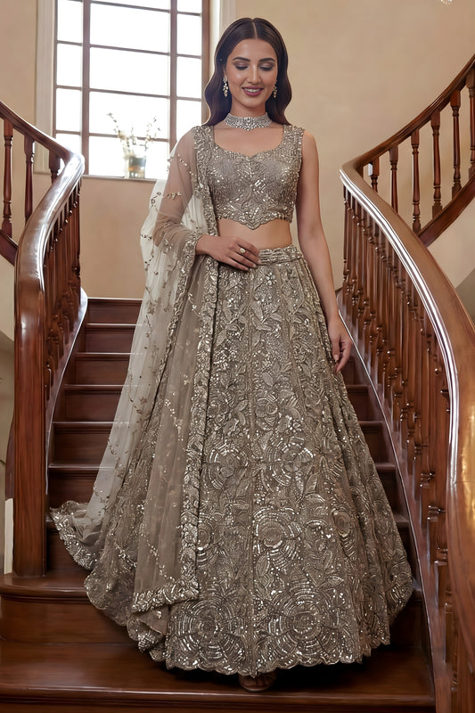 Glorious Beige Embroidered Net Lehenga Choli Set with Net Dupatta