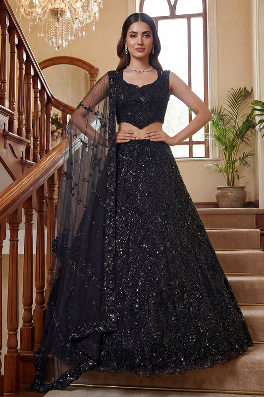 Gorgeous Black Embroidered Net Lehenga Choli Set with Net Dupatta