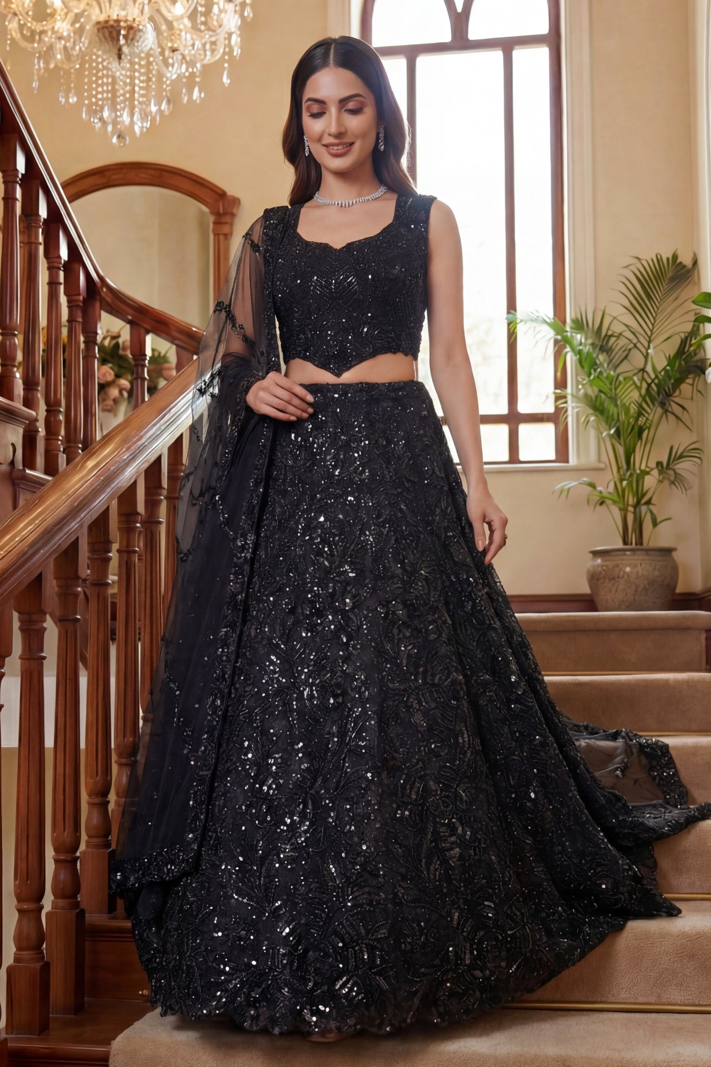 Gorgeous Black Embroidered Net Lehenga Choli Set with Net Dupatta