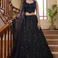 Gorgeous Black Embroidered Net Lehenga Choli Set with Net Dupatta