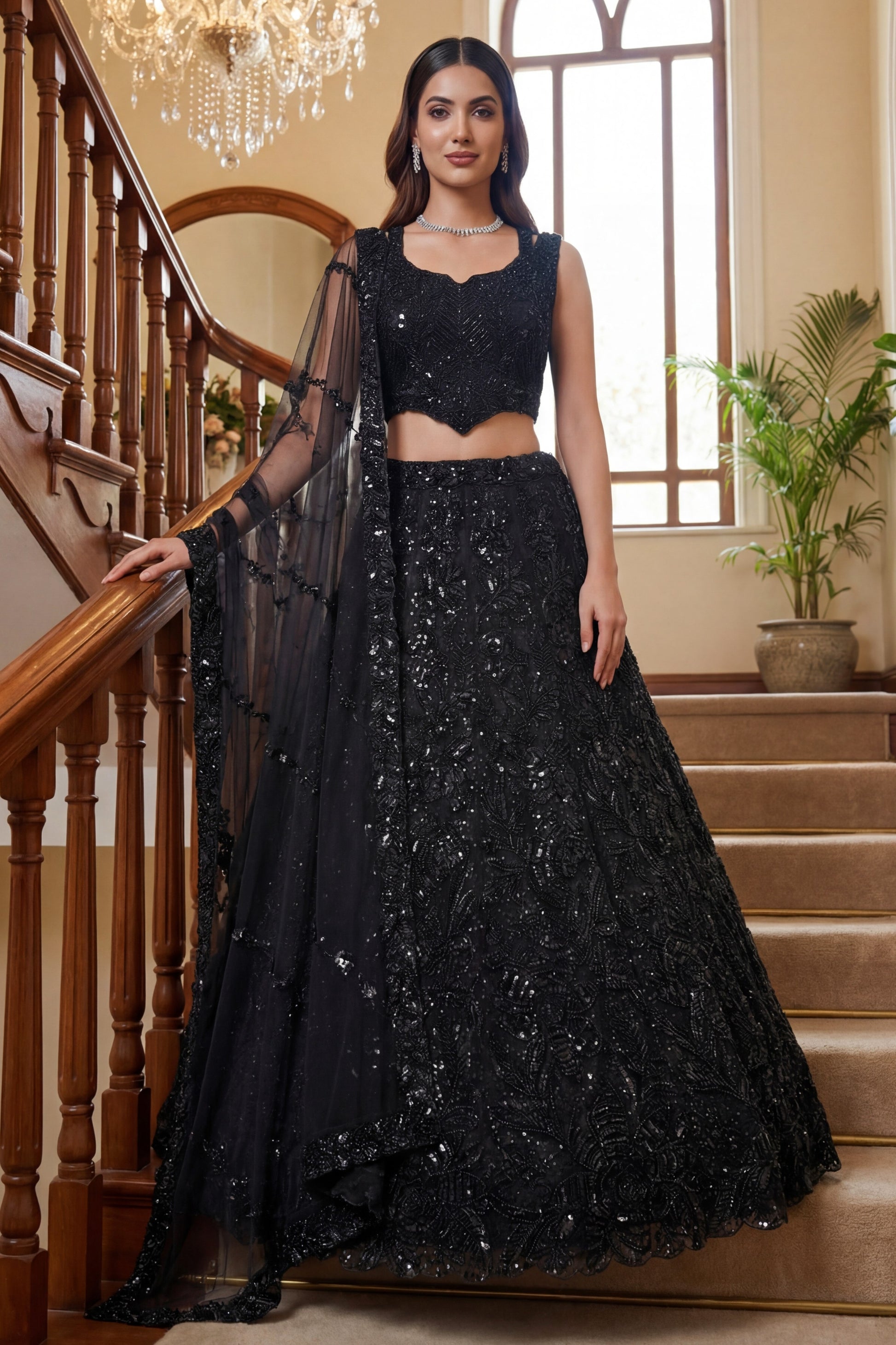 Gorgeous Black Embroidered Net Lehenga Choli Set with Net Dupatta