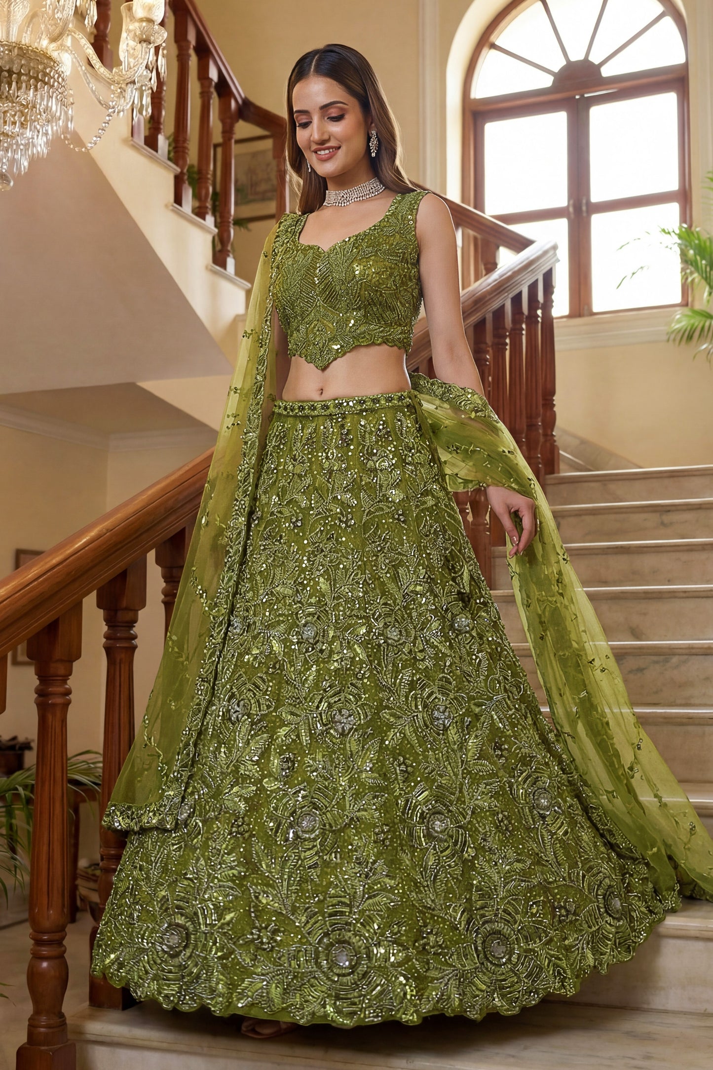 Best Olive Green Embroidered Net Lehenga Choli Set with Net Dupatta