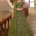 Best Olive Green Embroidered Net Lehenga Choli Set with Net Dupatta