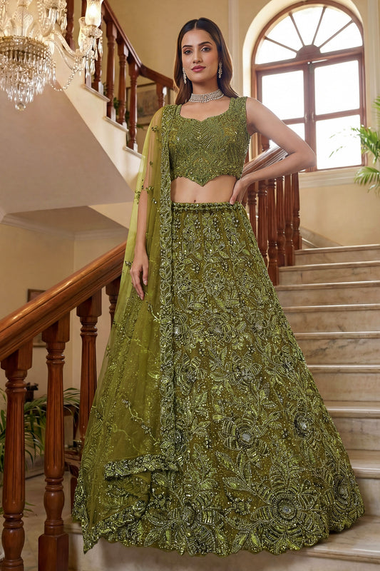 Best Olive Green Embroidered Net Lehenga Choli Set with Net Dupatta