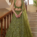 Best Olive Green Embroidered Net Lehenga Choli Set with Net Dupatta