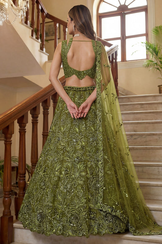 Best Olive Green Embroidered Net Lehenga Choli Set with Net Dupatta