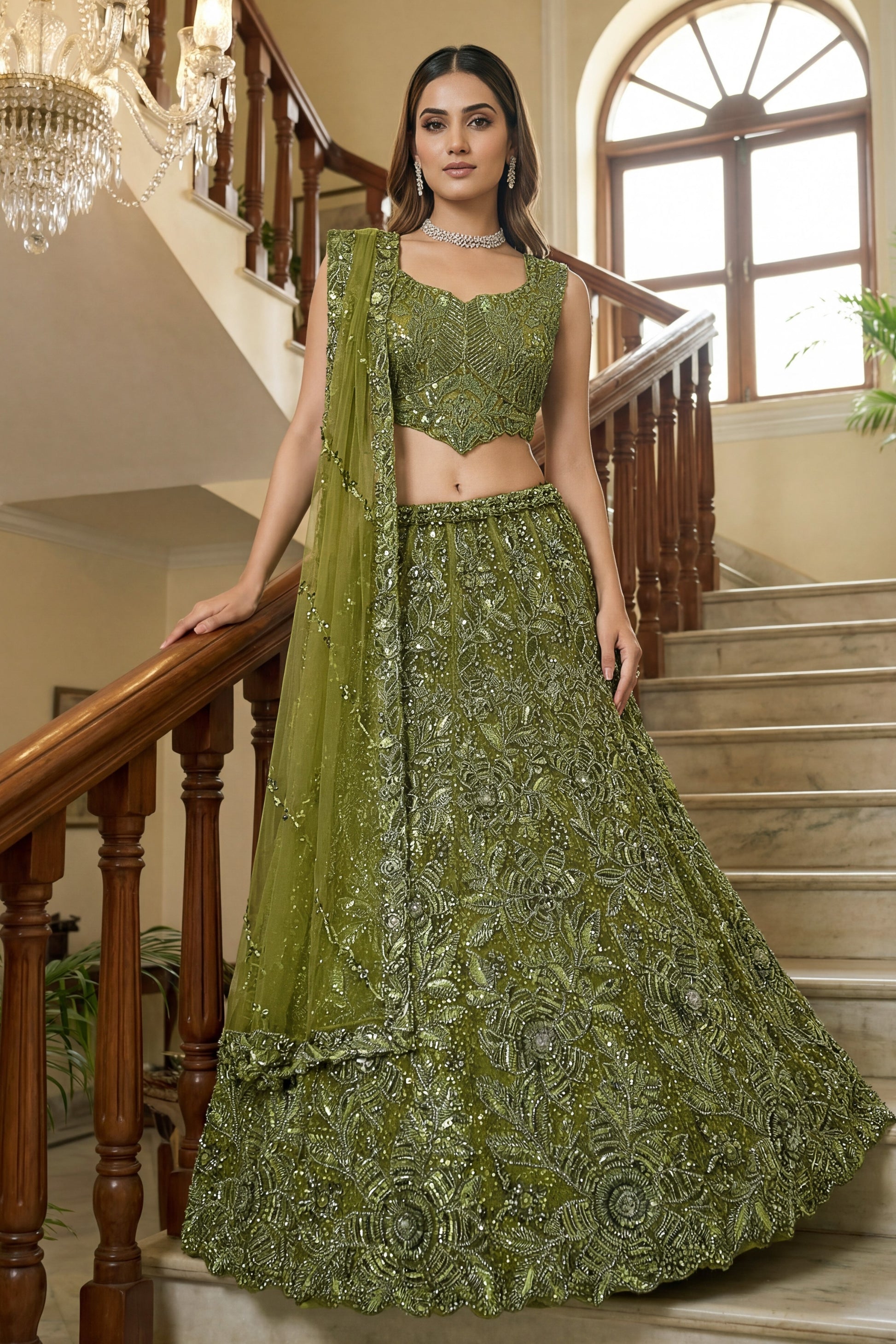 Best Olive Green Embroidered Net Lehenga Choli Set with Net Dupatta