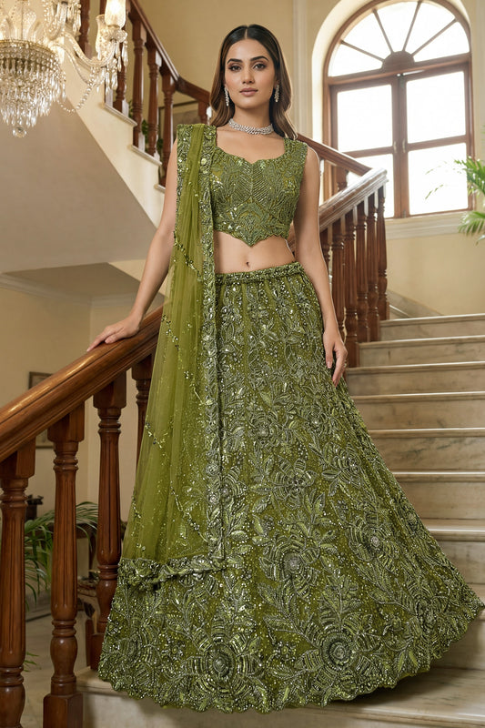 Best Olive Green Embroidered Net Lehenga Choli Set with Net Dupatta