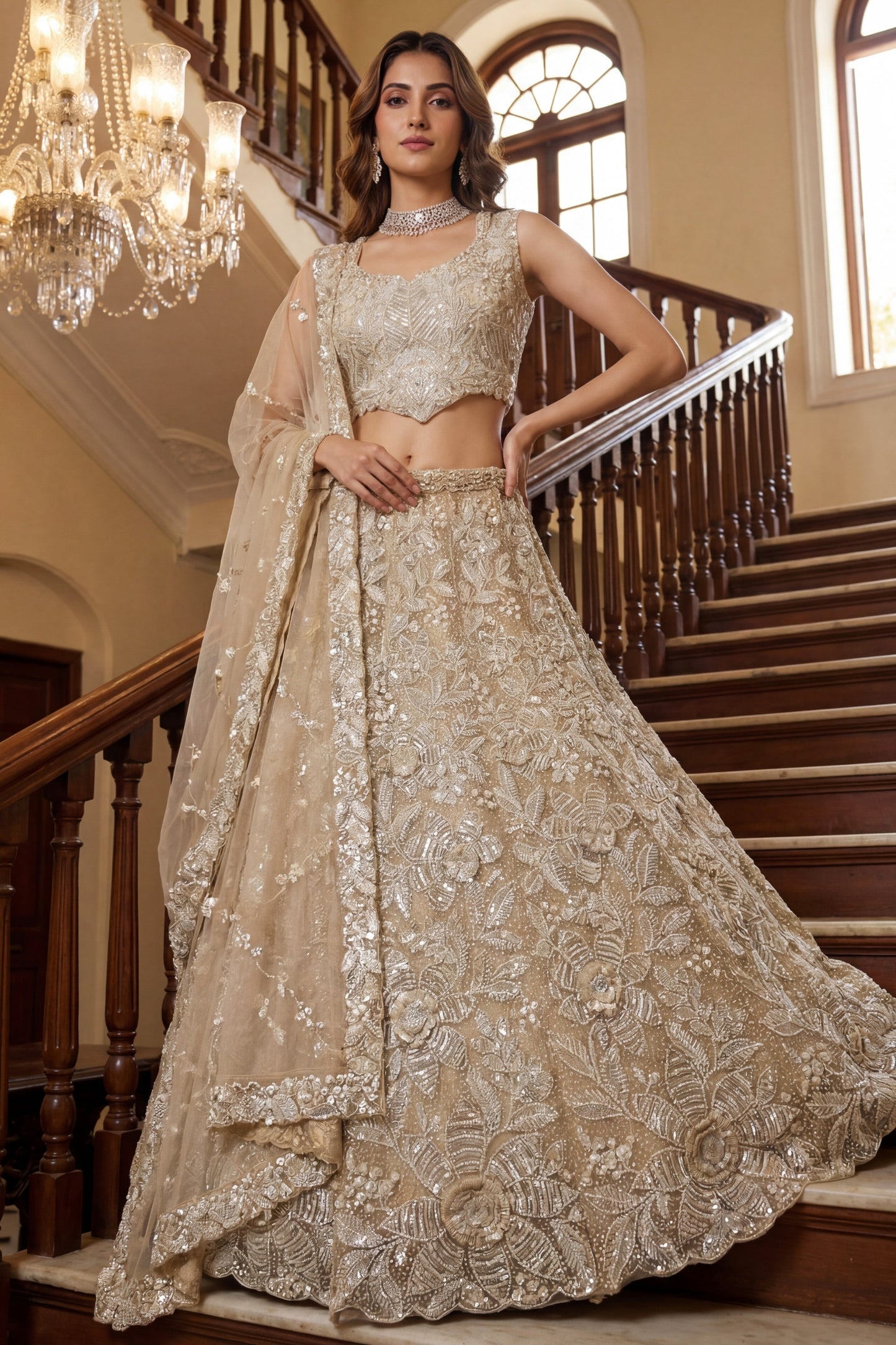 Luxury Beige Embroidered Net Lehenga Choli with Dupatta