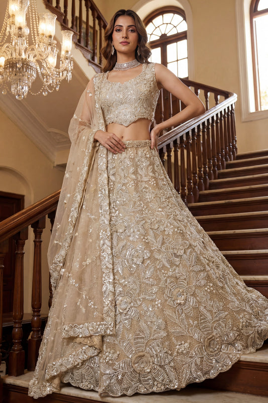 Luxury Beige Embroidered Net Lehenga Choli with Dupatta