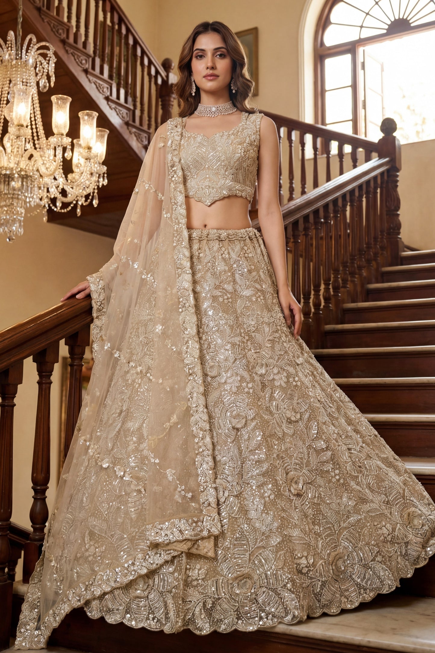 Luxury Beige Embroidered Net Lehenga Choli with Dupatta