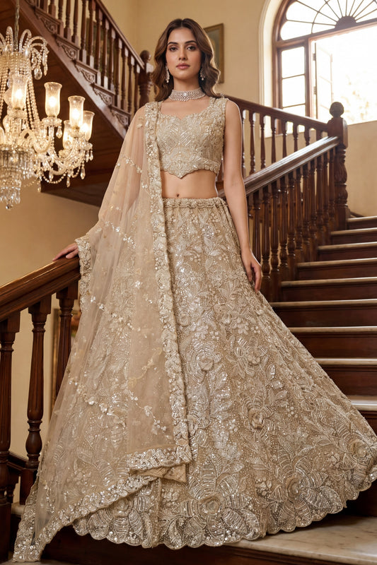 Luxury Beige Embroidered Net Lehenga Choli with Dupatta