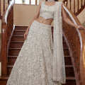 Elegant White Embroidered Net Lehenga Choli Set with Net Dupatta