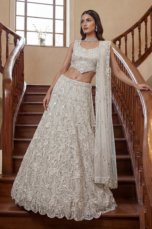 Elegant White Embroidered Net Lehenga Choli Set with Net Dupatta