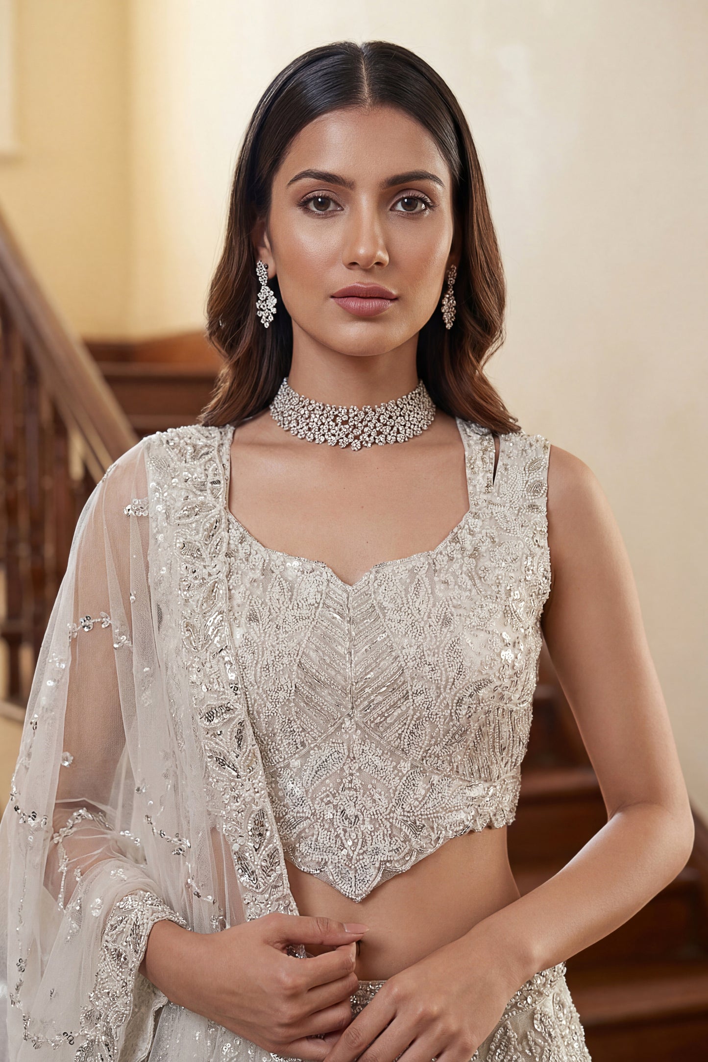 Elegant White Embroidered Net Lehenga Choli Set with Net Dupatta