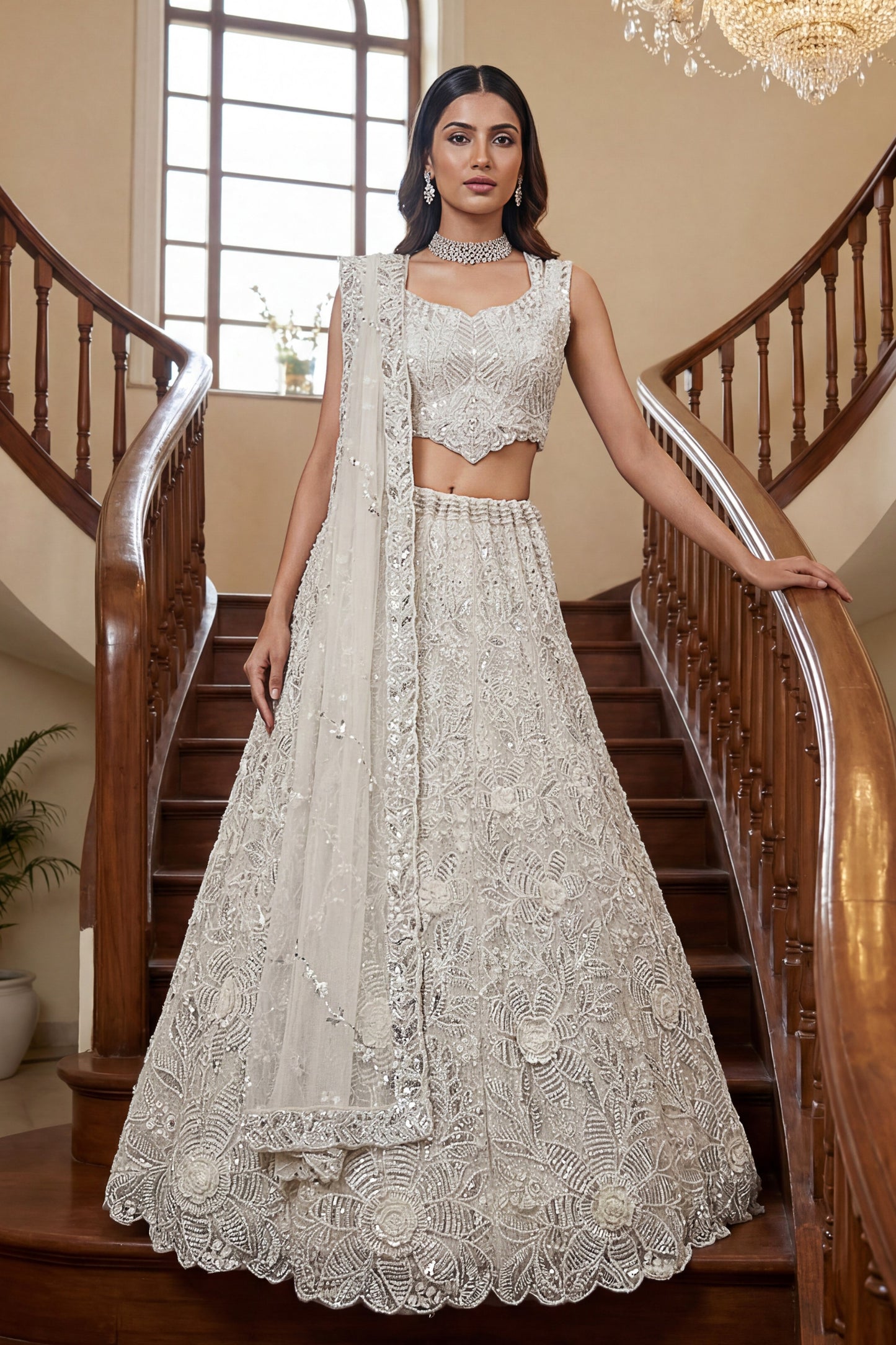 Elegant White Embroidered Net Lehenga Choli Set with Net Dupatta