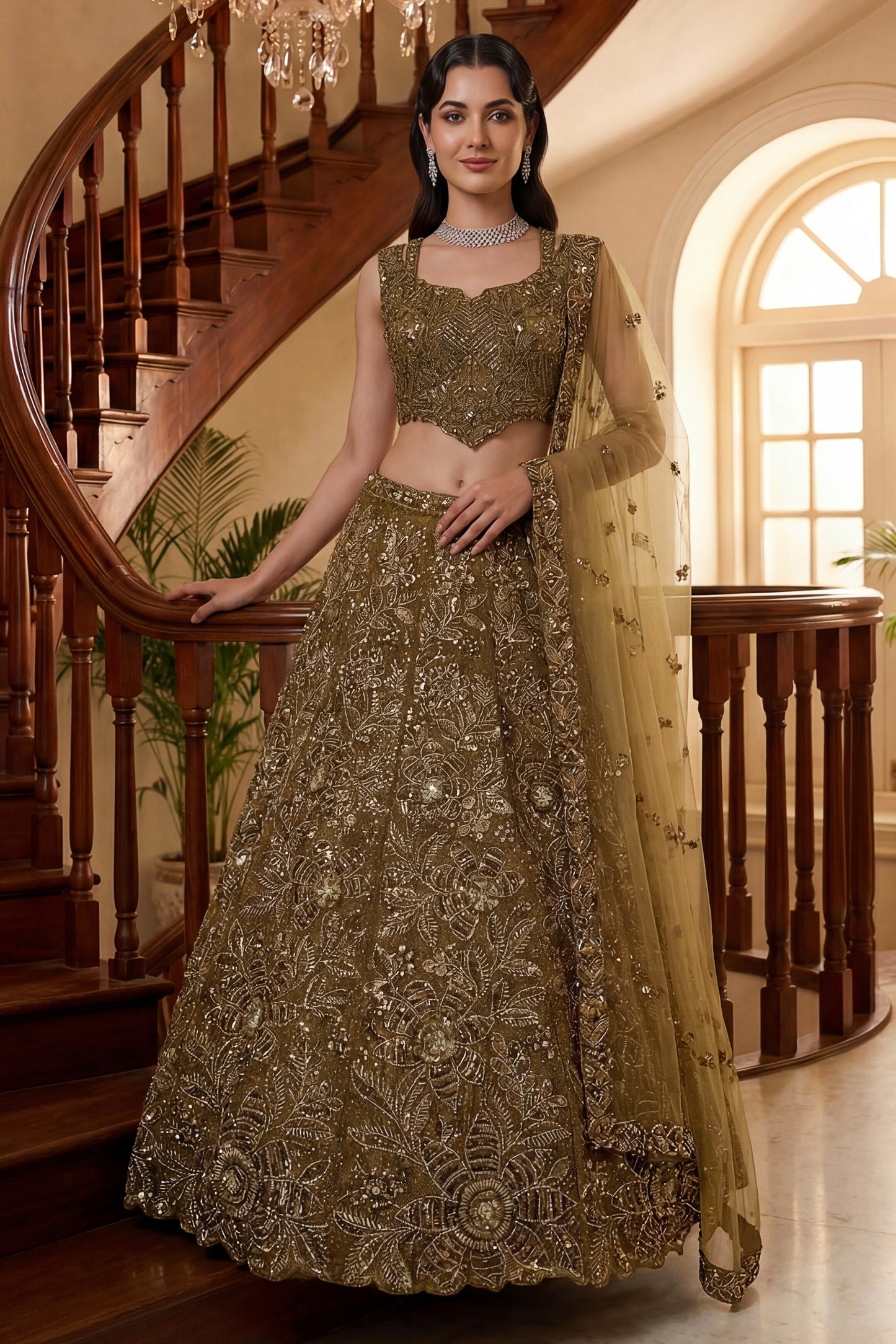Precious Golden Embroidered Net Lehenga Choli Set with Net Dupatta