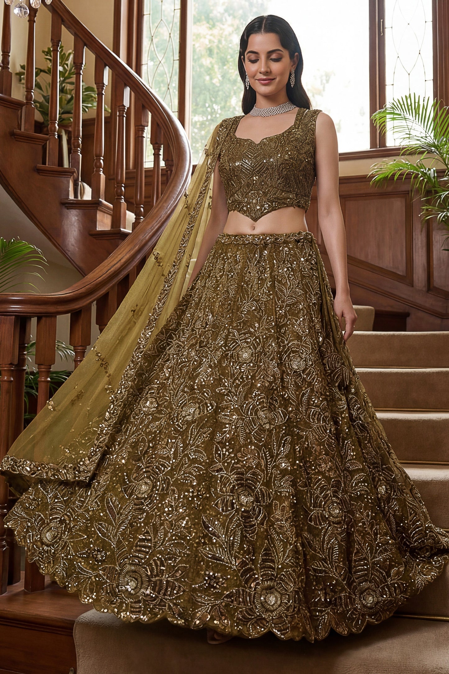 Precious Golden Embroidered Net Lehenga Choli Set with Net Dupatta