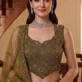 Precious Golden Embroidered Net Lehenga Choli Set with Net Dupatta