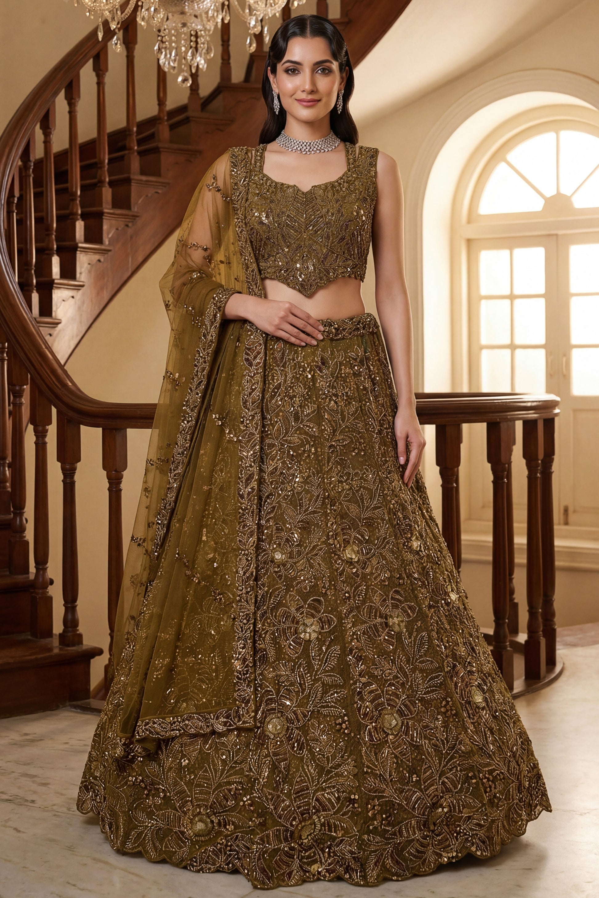 Precious Golden Embroidered Net Lehenga Choli Set with Net Dupatta