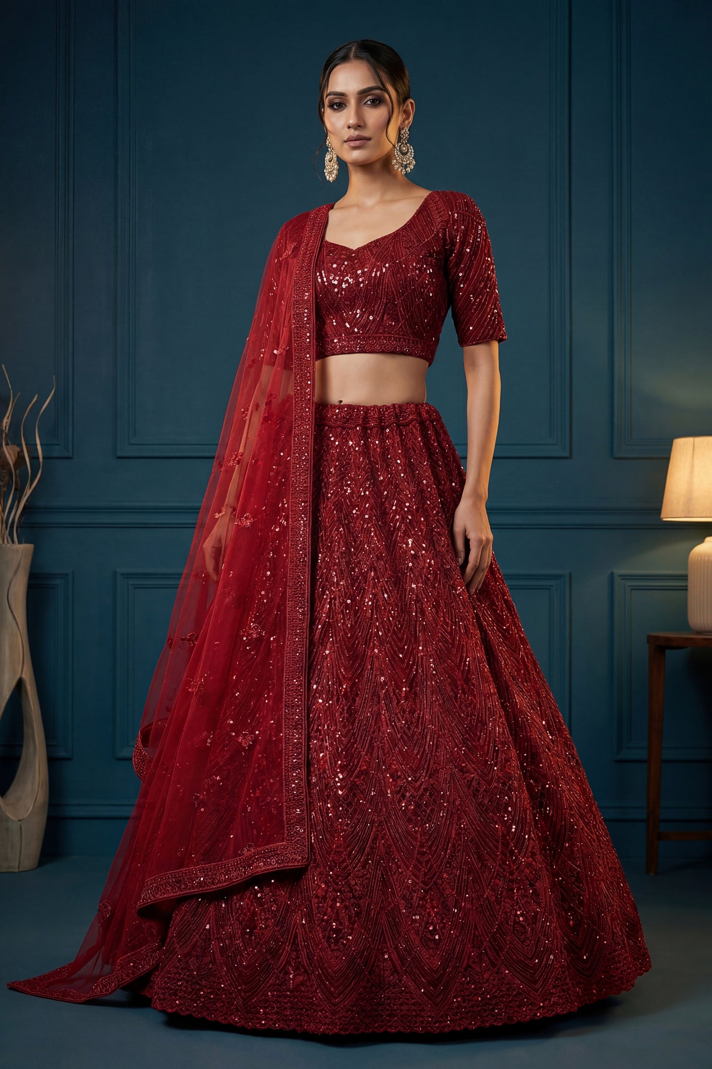 Fancy Red Embroidered Net Lehenga Choli with Dupatta