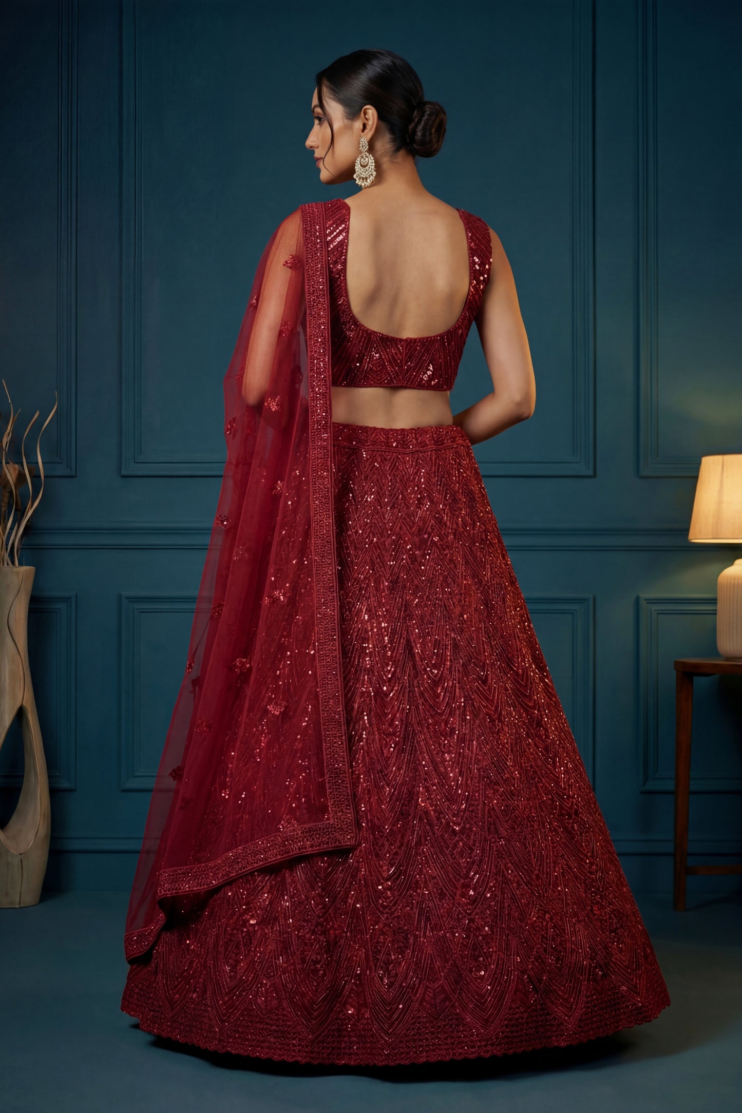 Fancy Red Embroidered Net Lehenga Choli with Dupatta
